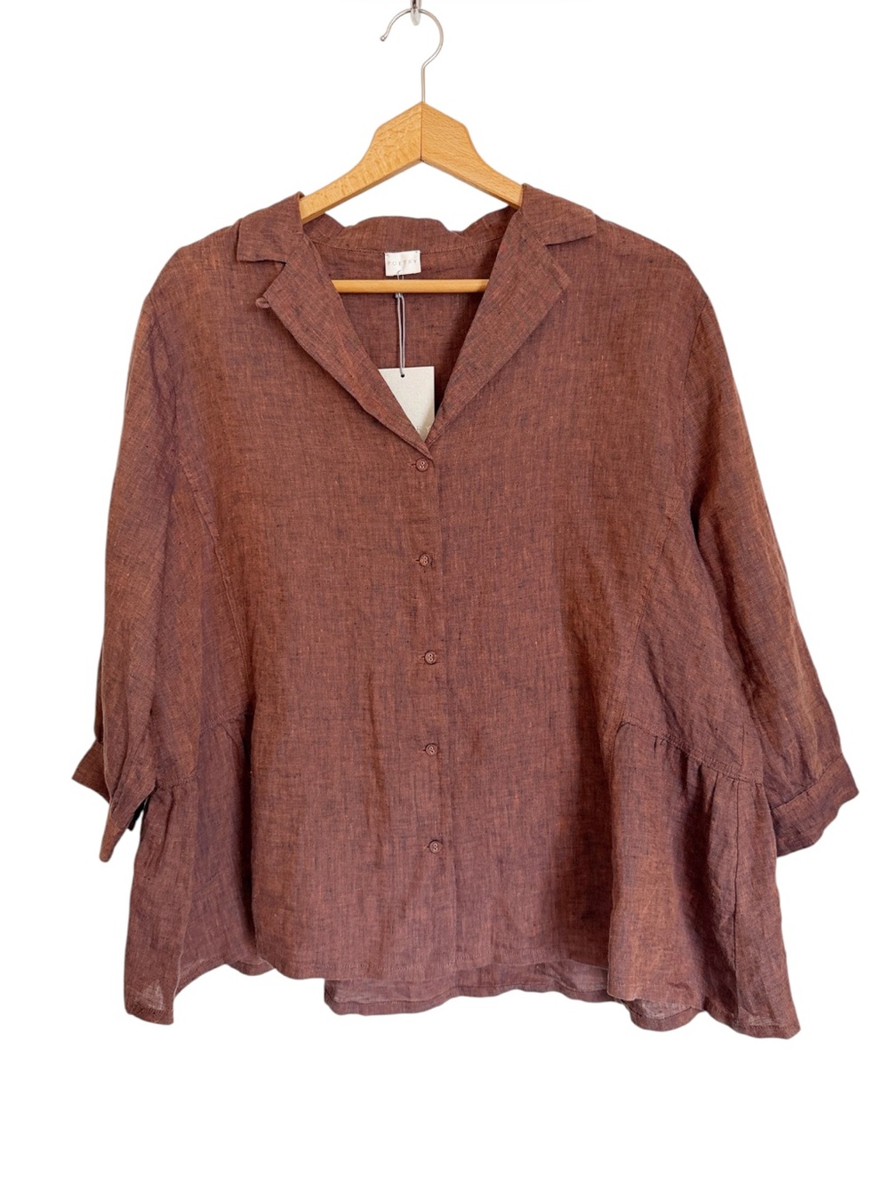 Poetry Linen Cinnamon Button Front Peplum Boho Lagenlook Blouse size 14